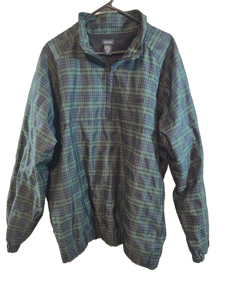 Izod Mens Green & Blue Plaid Pullover Windbreaker Jacket Half-Zip Casual Size XL