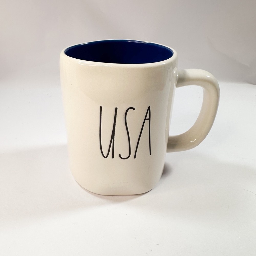 Rae Dunn - USA  2 Sided White Ceramic Coffee Mug,  BLUE Interior Camper