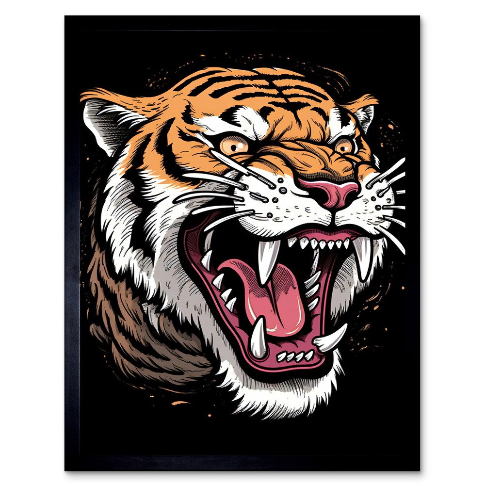 Ferocious Tiger Old School USA Tattoo Rockabilly 50s Framed Print Wall Art 12x16