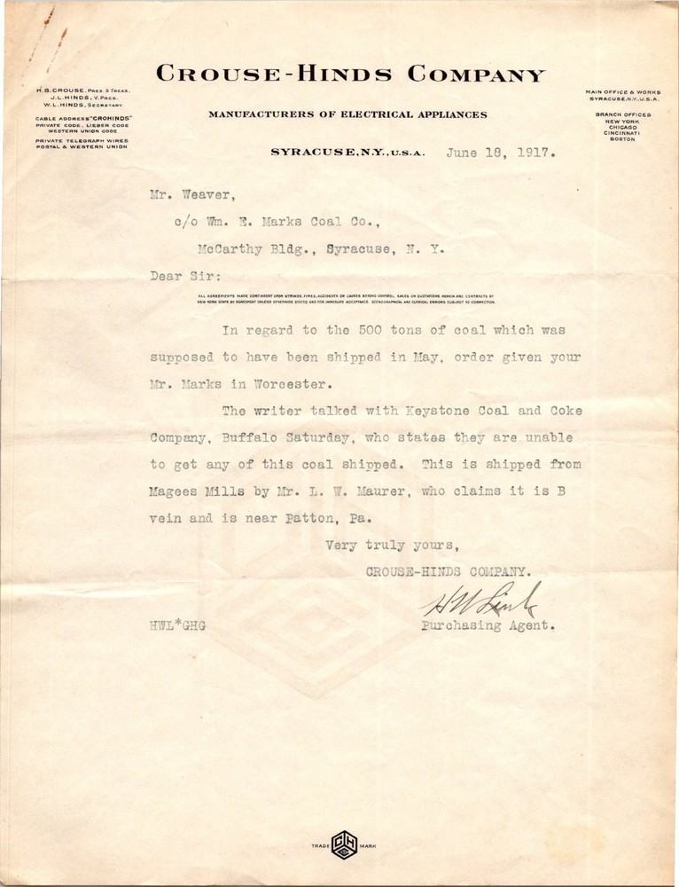 1917 Crouse-Hinds Co. Letter Syracuse NY Electrical Appliances Coal Order
