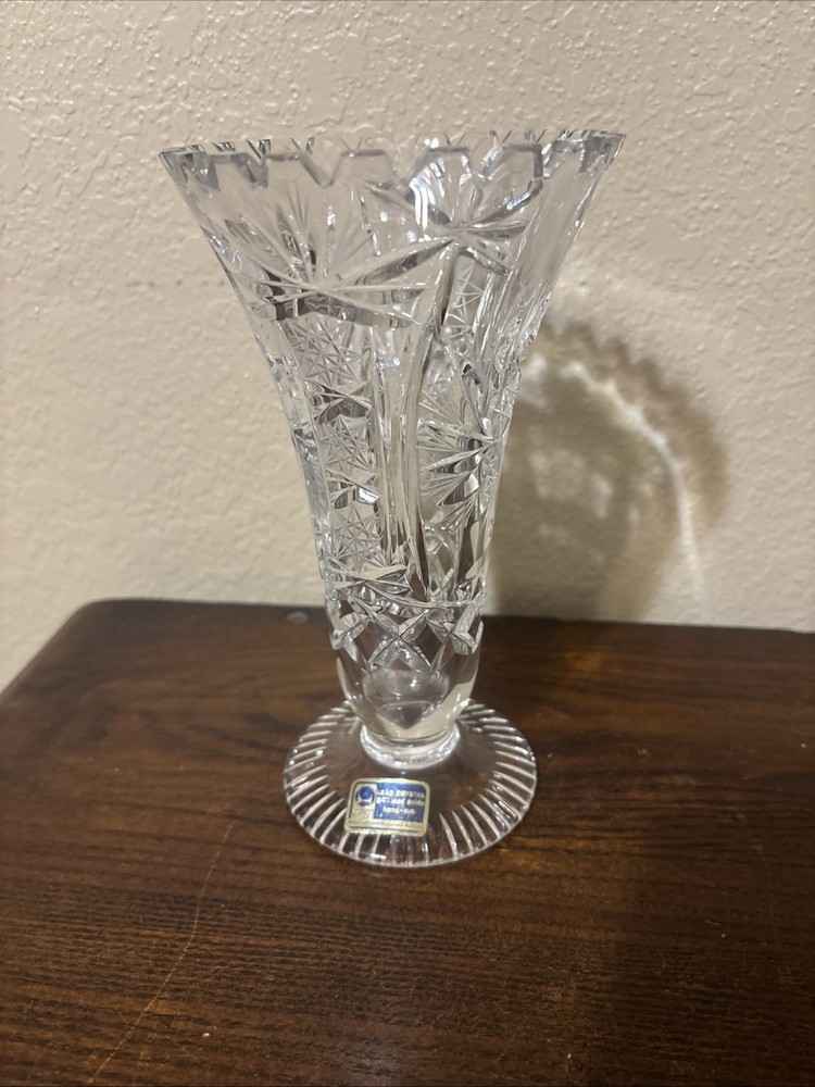 Vintage Lausitzer 24% Lead Crystal Etched Hand Cut Vase Sawtooth 7.25”