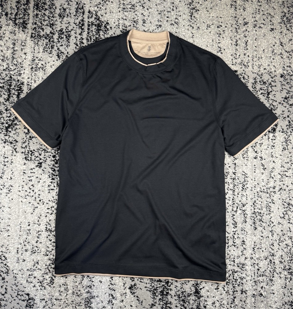 Brunello Cucinelli Silk Cotton Layered Crewneck T-Shirt Black Mens L Italy