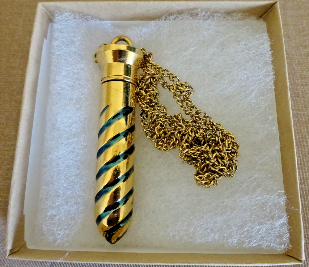 VTG SOLID BRASS PERFUME BOTTLE PENDANT THREADED CAP DAUBER ON GOLD TONE CHAIN