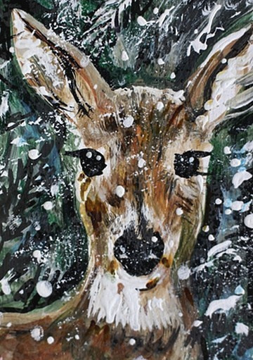 ORIGINAL ACEO Deer Painting DOE Winter Snow Animal Landscape Pine Tree ATC ART