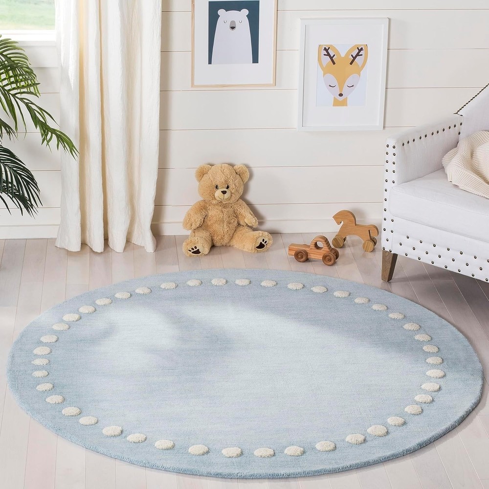 Round Blue/Ivory  Handmade Polka Dot Border Wool Area Rug