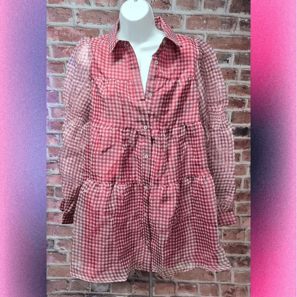 Listicle Gingham Tiered Tunic Top  Women’s Size Medium Red White Button Down