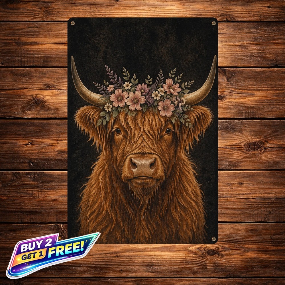 Dark Minimal Background Highland Cow Floral Crown Metal Sign