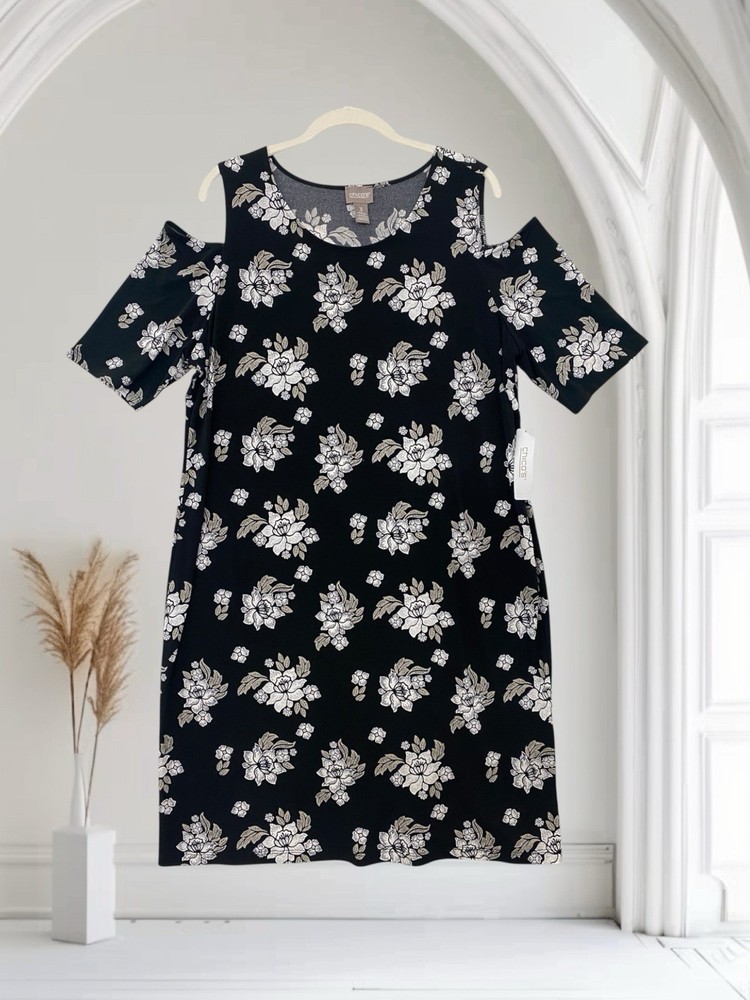Chico’s Black Floral Cold Shoulder Dress Size 3 Women’s XL Jersey Stretch NWT