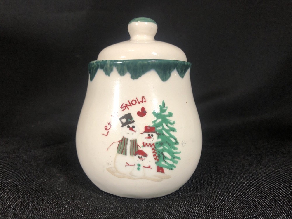Vintage Christmas Let It Snow Sugar Bowl with Lid 1998 Snowmen Stoneware Atico