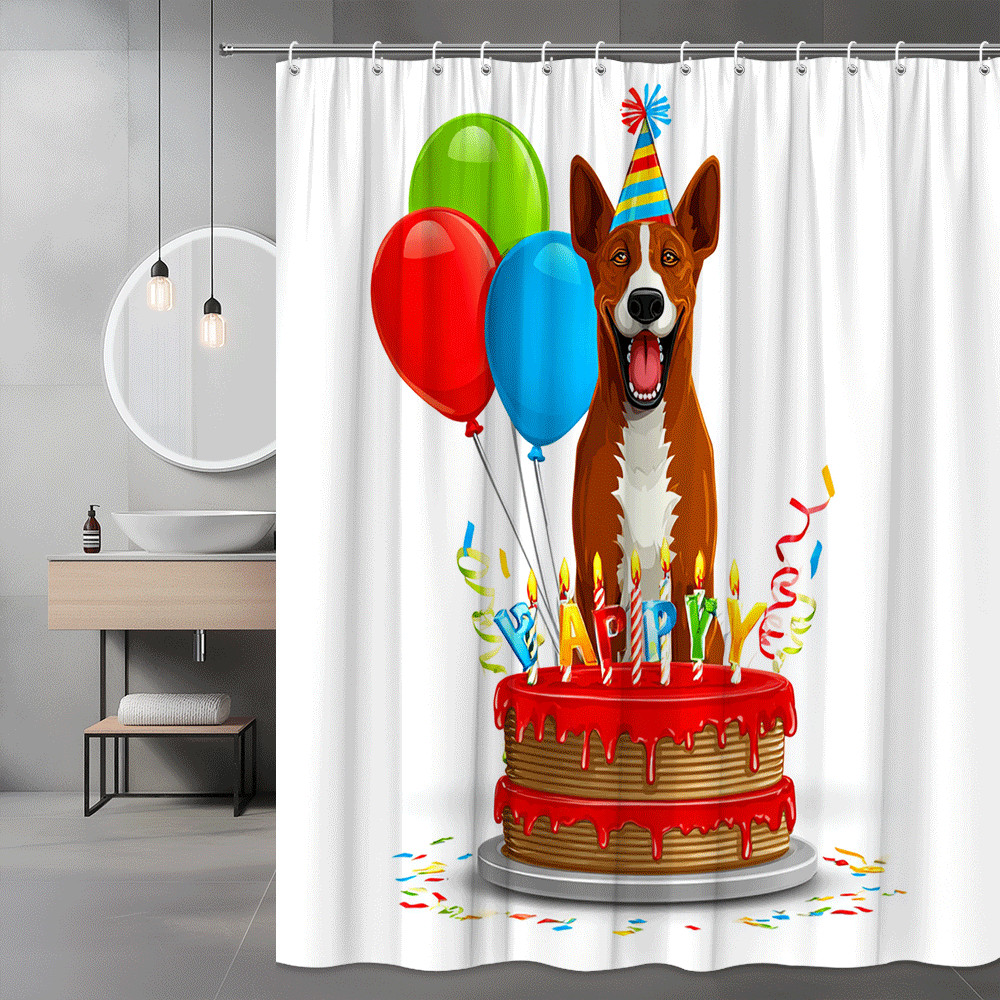 Birthday Dog Shower Curtain with Balloons and Cake Print