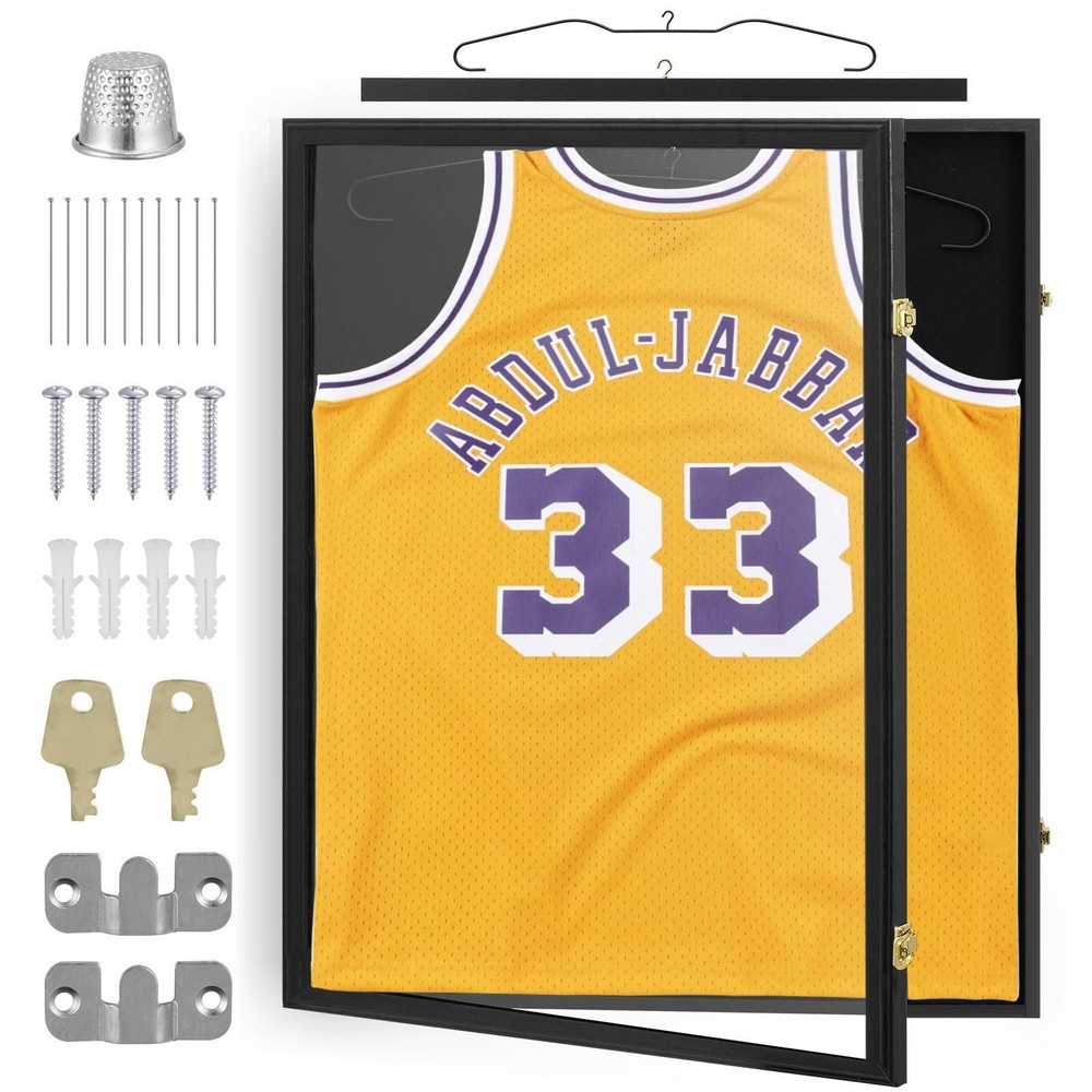 Jersey Display Case Frame Shadow Rack Box Exquisite Lockable with Hanger Wood