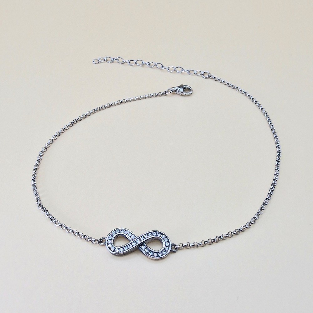 925 Sterling Silver Infinity Charm Diamanté Anklet with Adjustable Rolo Chain