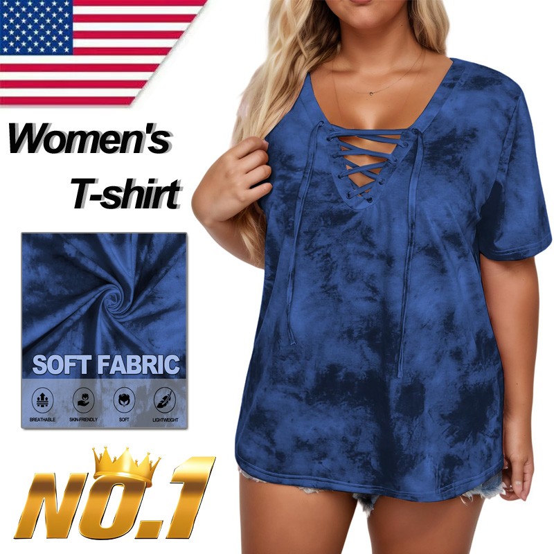 New Summer Womens T-shirt Top Tie Dye Sexy V-neck Lace Up Short Sleeve Plus Size