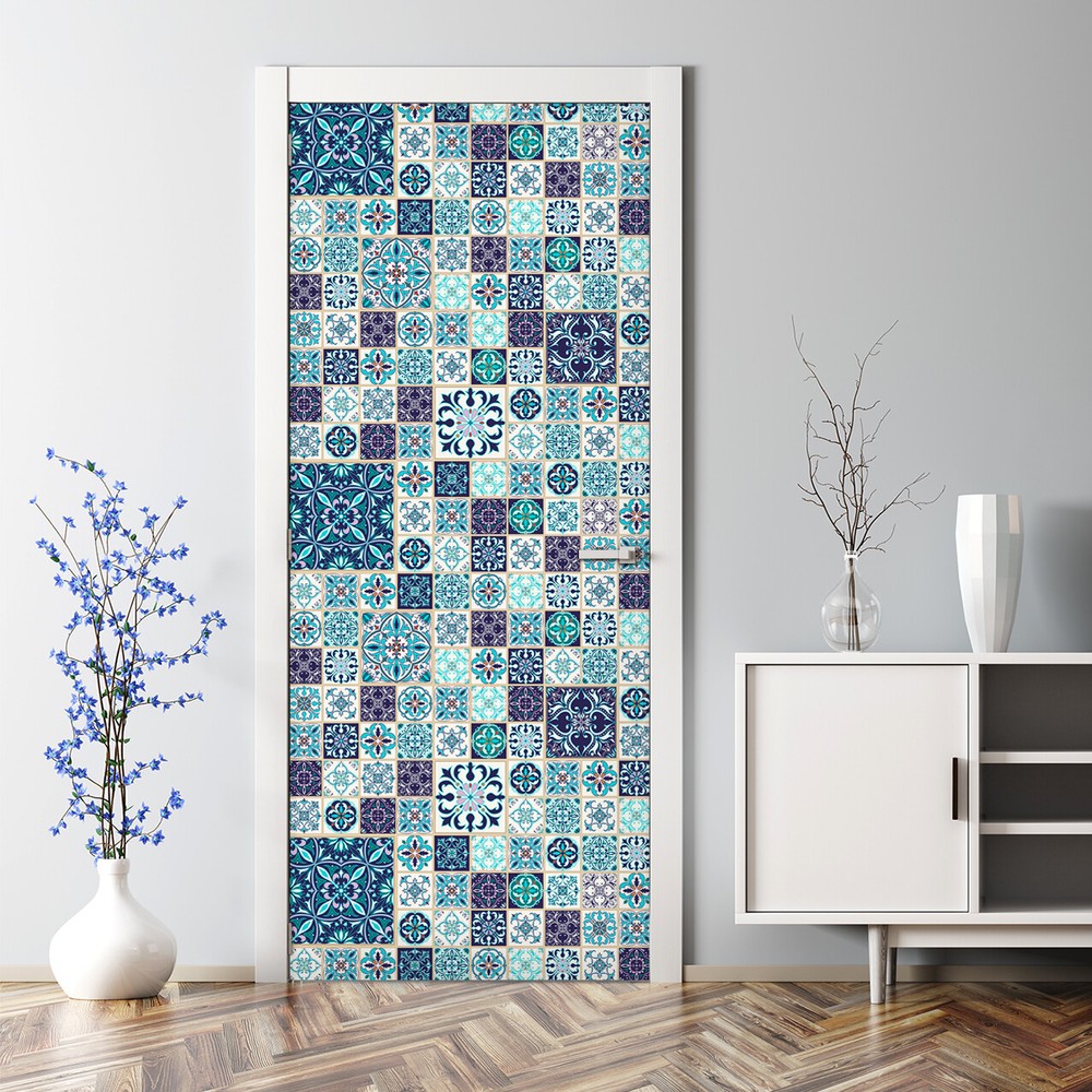 Blue Grey Bubble-Free Patchwork Door Sticker Decorative Vinyl Decal