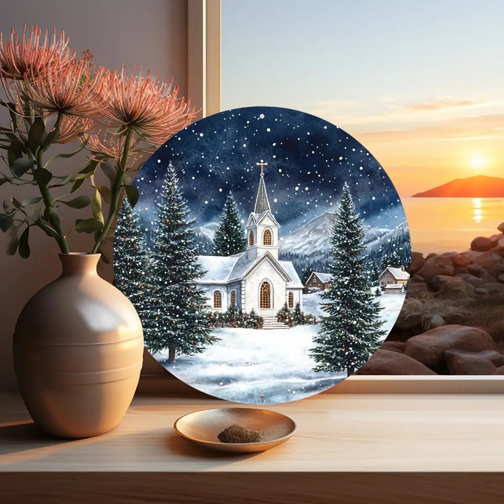 Winter Church Snow Scene Round Aluminum Wall Art