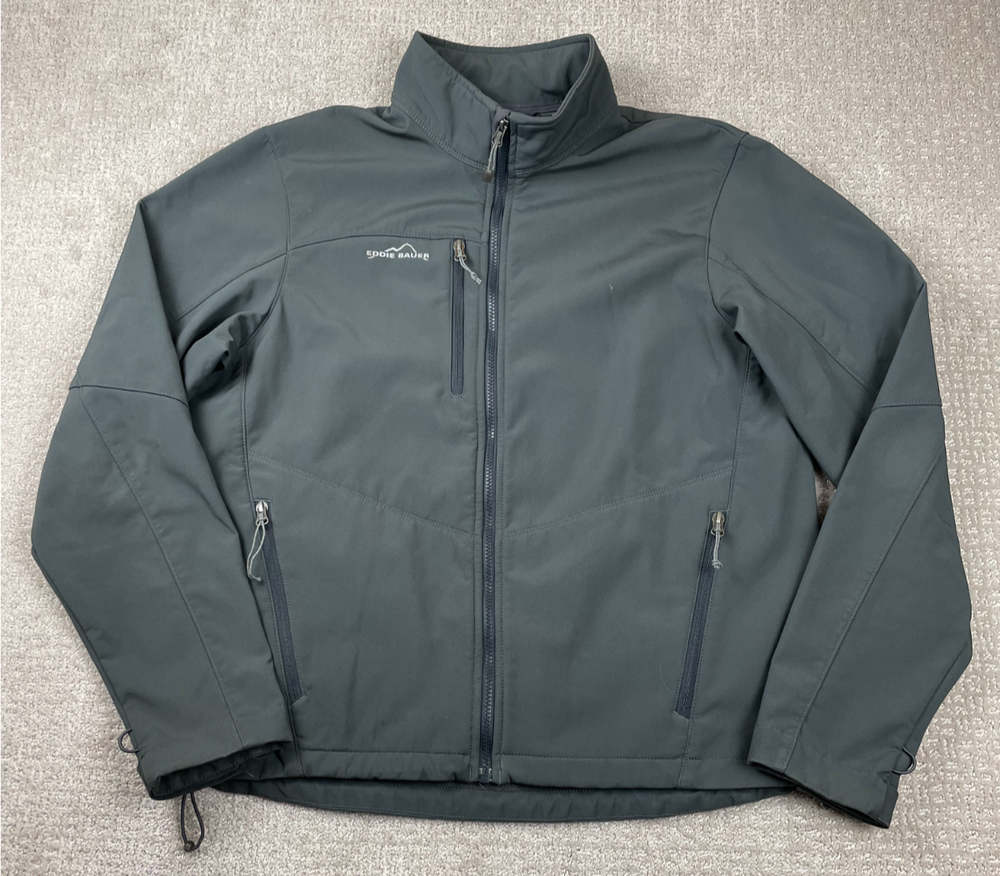 Eddie Bauer Jacket Mens Large Gray Softshell Fleece Lined Full Zip Hiking Gorp