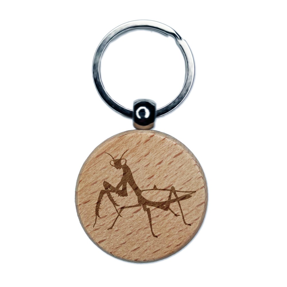 Praying Mantis Insect Engraved Wood Round Keychain Tag Charm