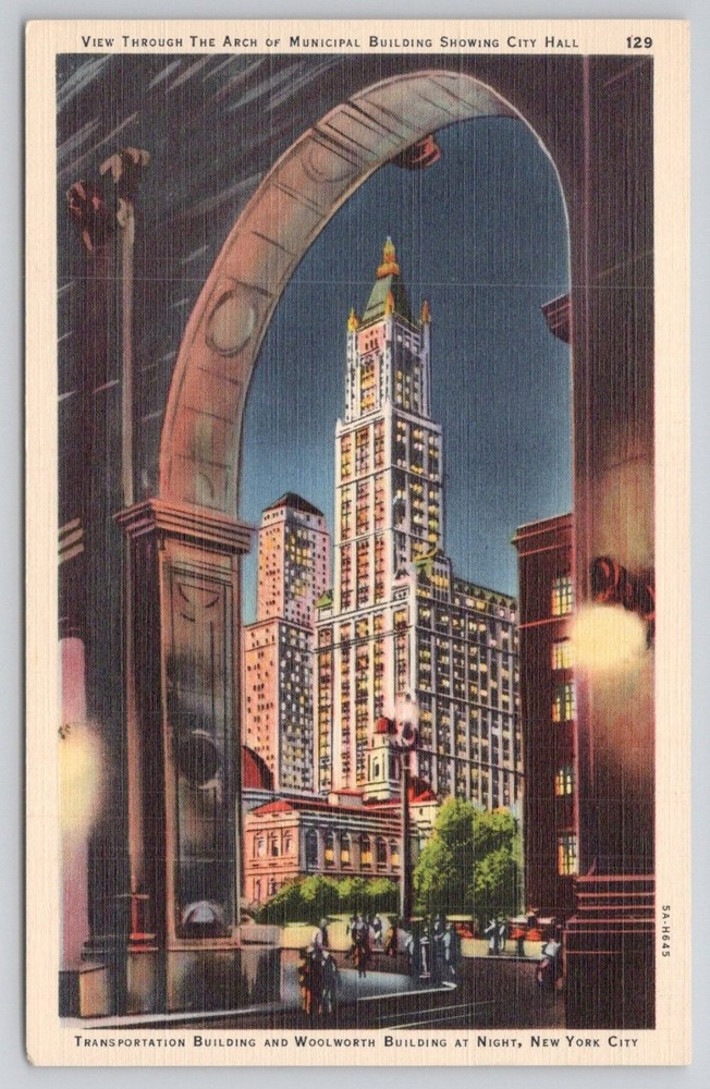 NYC Municipal Arch View City Hall Woolworth Building Night Postcard 1935