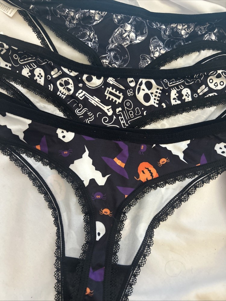 Morvia 3pk lace trim Bikini Goth Skater Emo panties M Skulls Witch  Halloween
