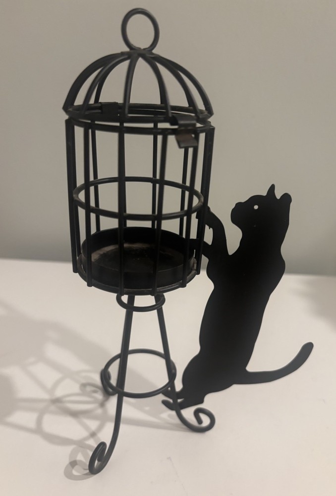 Black Metal Bird Cage With A Cat Candle Holder