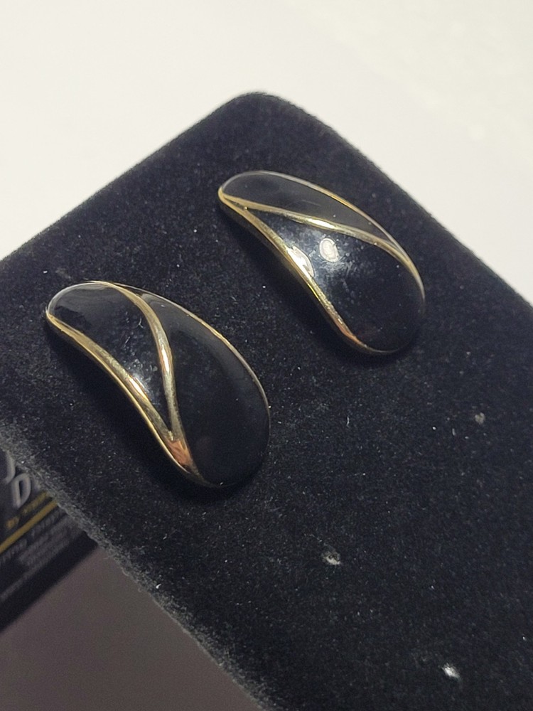Vintage Gold Tone Black Enamel Abstract Curved Stud Earrings Mid Century Modern