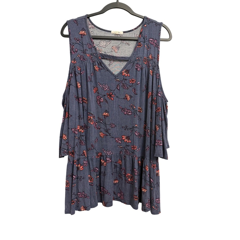 Maurices Women Blue Floral Cold Shoulder Peplum Top Ribbed V-Neck Blouse Size 2