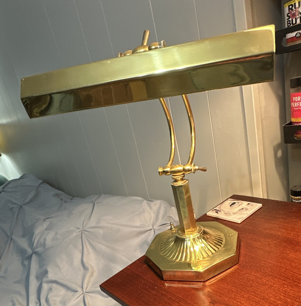 Brass Finish Adjustable Desk/Table Lamp Banker Style Gold Metal Rect Shade
