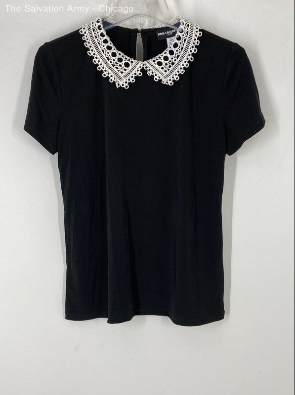 Karl Lagerfeld Womens Jet Black Short Sleeve Blouse Top Size Small