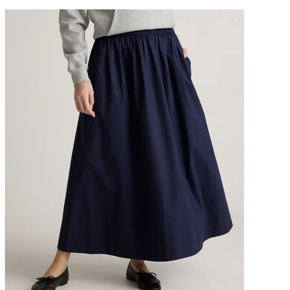 Quince Organic Cotton Poplin A-Line Long Skirt, Pleated, Pockets, Navy - L