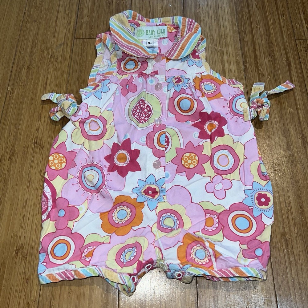 Baby Lulu Pink Floral Baby Romper Collared Shorts Hippie Preppy Size 9 Months