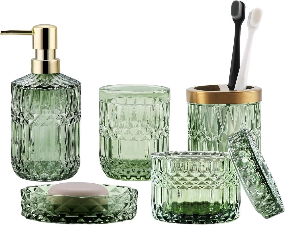 Green Bathroom Accessories Set, 5Pcs Clear Glass Accessories,