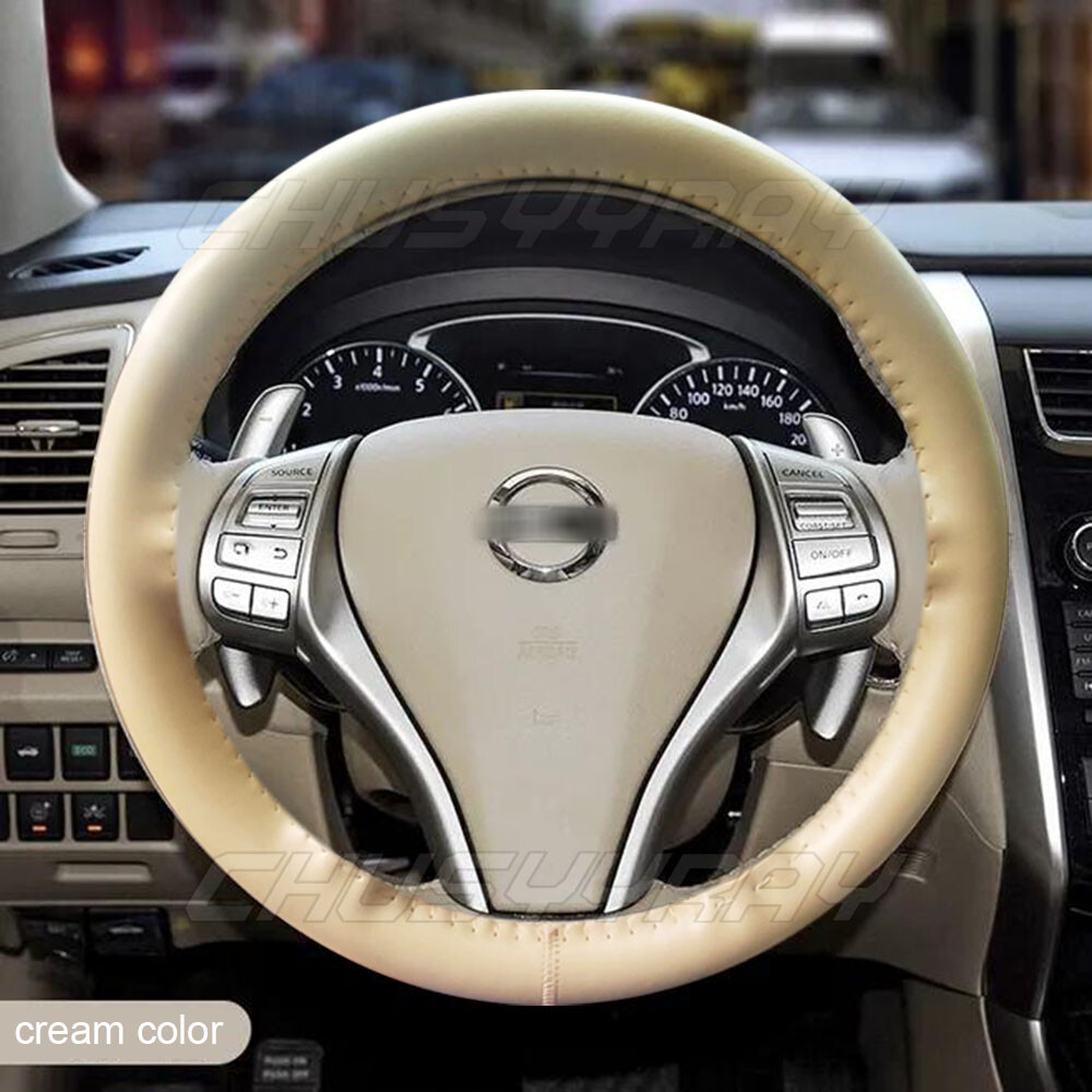 38cm 15in DIY Beige Genuine Leather Steering Wheel Cover Sew-On Kit