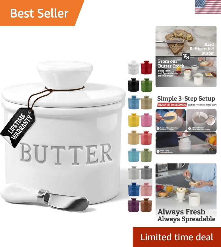 Butter Crock with Lid with Water Line, Ceramic French Butter Dish to Leave On...
