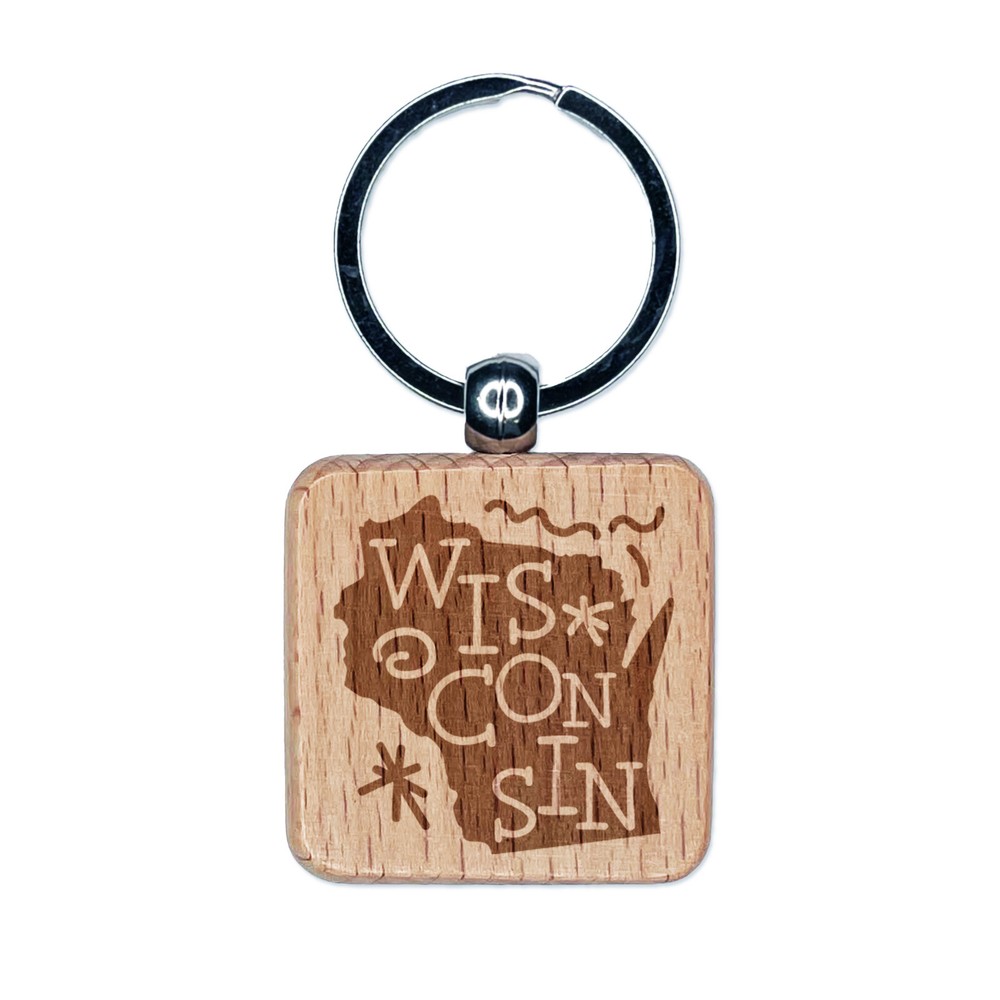 Wisconsin State Engraved Wood Keychain with Swirl Text Design