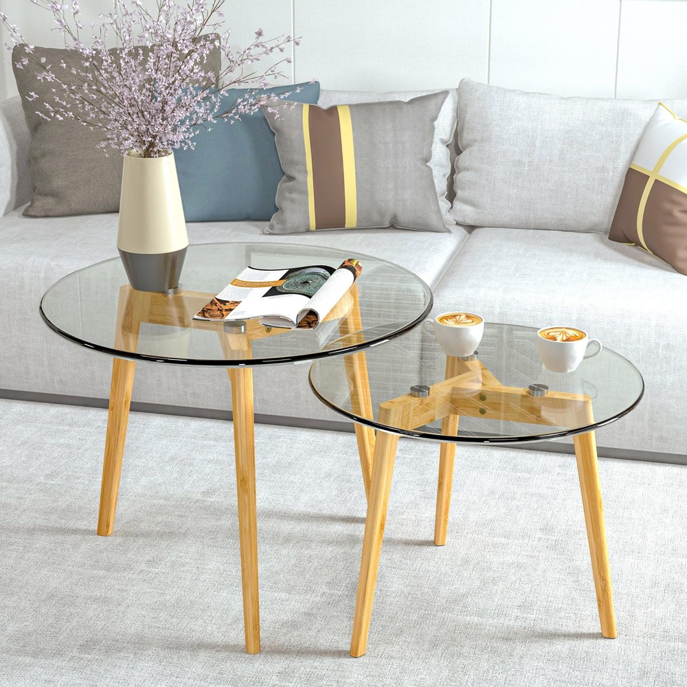Glass Coffee Table, Round Clear Nesting Tables Set of 2, Transparent Modern A...