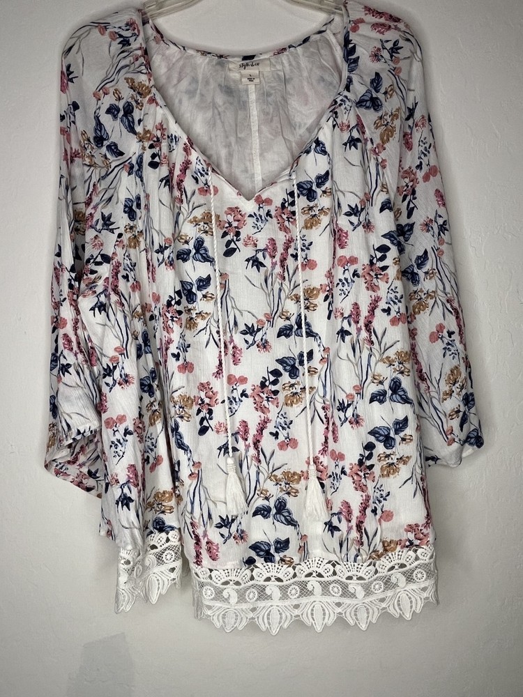 Style & Co Women's L Blouse Top Peasant Boho Tassels Crochet Lace Cottagecore