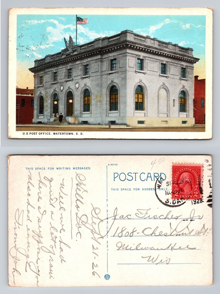 Watertown, SD-South Dakota, U.S. Post Office Classical Building Vintage Postcard