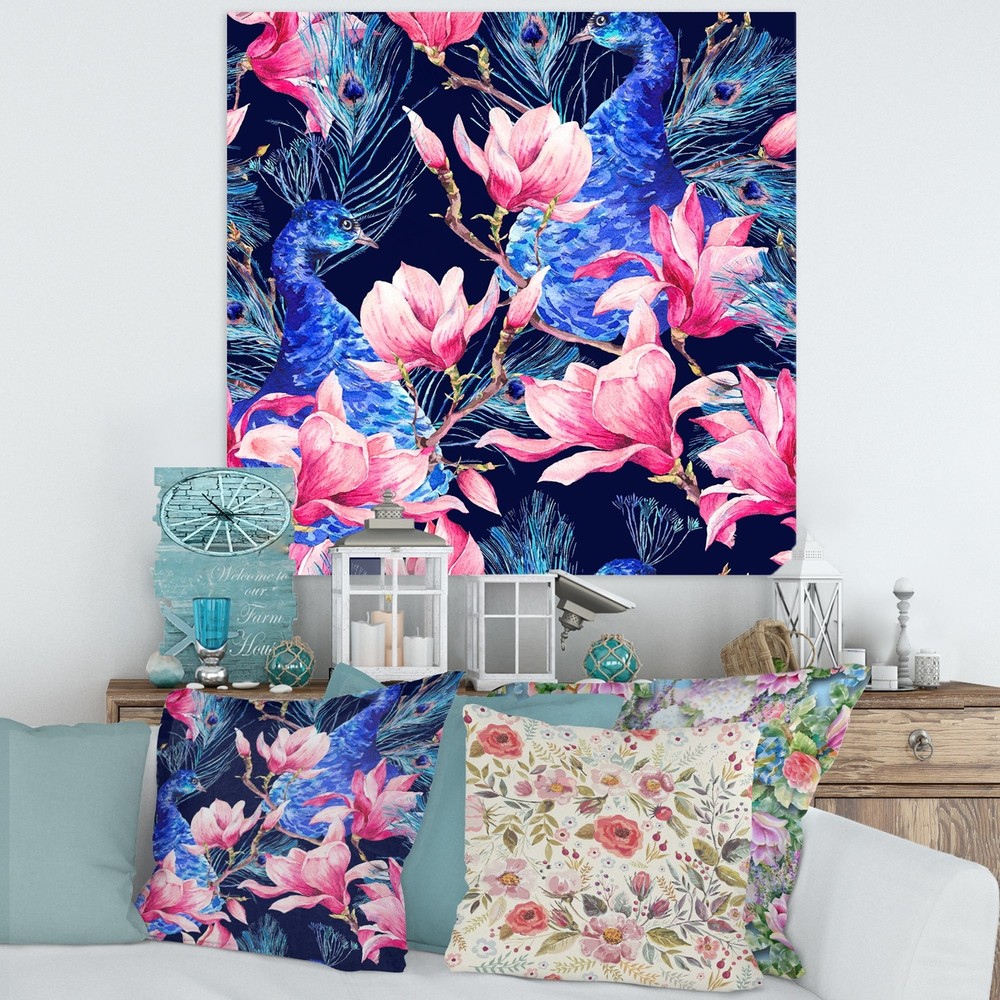 Peacock and Pink Magnolia Flowers Traditional Art Print by Designart