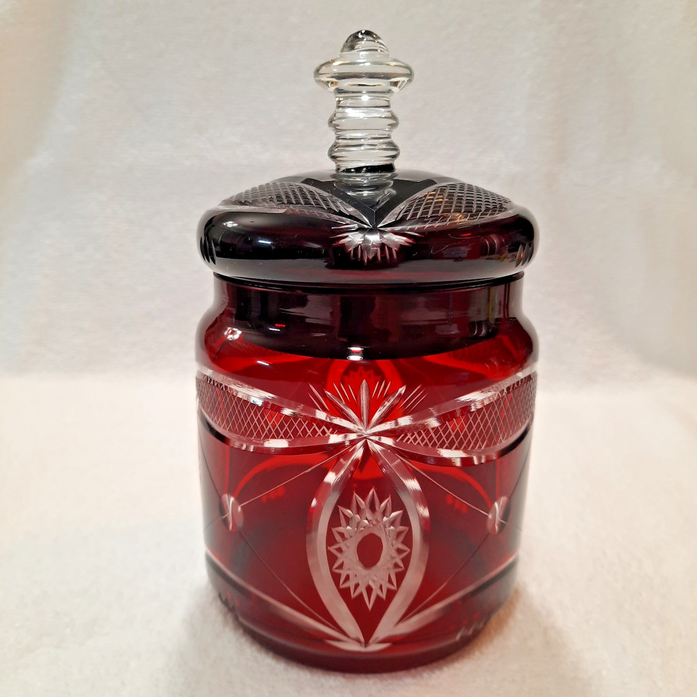 Bohemian Czech Ruby Red Cut-to-Clear Glass Biscuit Jar w/Lid 6.5
