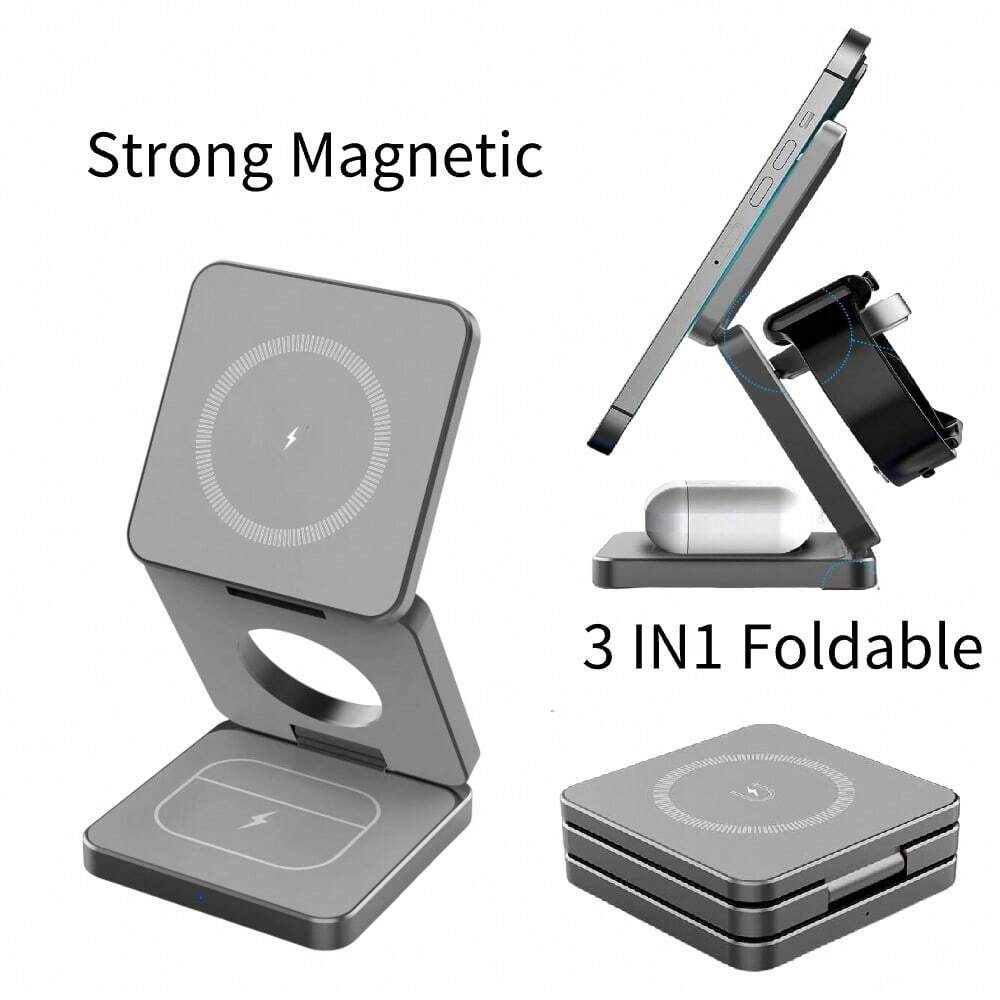 15W Fast Wireless Charger, Magnetic Foldable 3-In-1 Wireless Charging Station, P