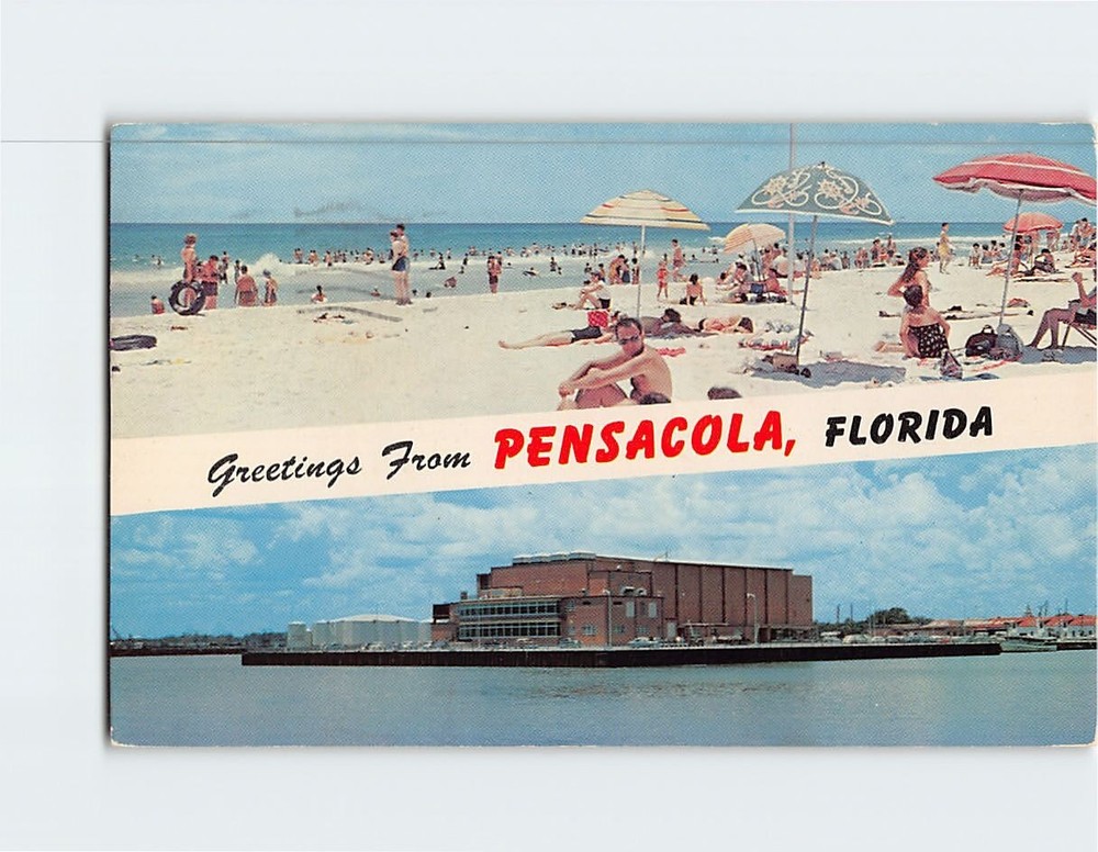 Postcard Beach Scene & Municipal Auditorium Greetings from Pensacola Florida USA
