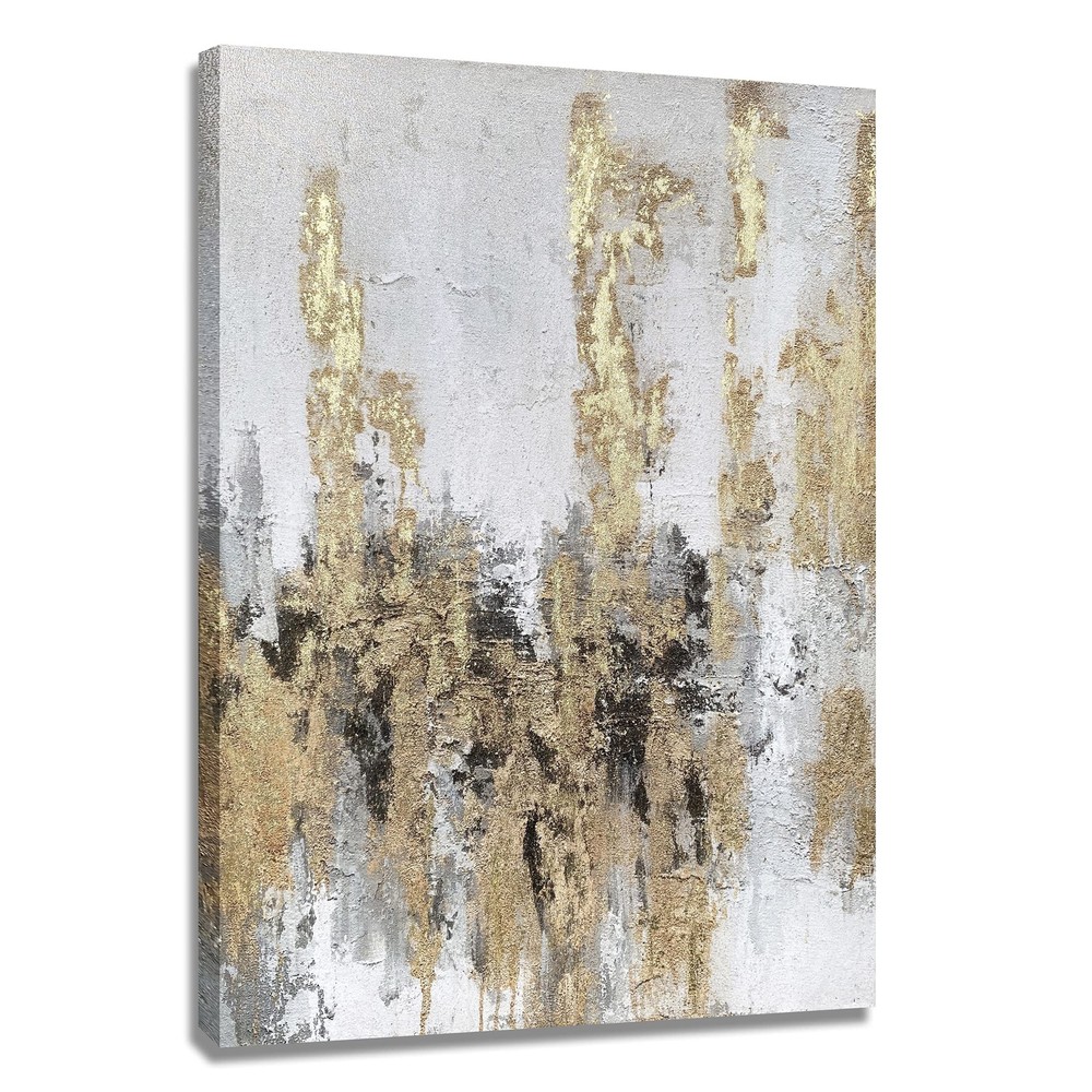 Abstract Wall Art Hand Painted Gold Skyline Canvas Picture Print with Black a...-image