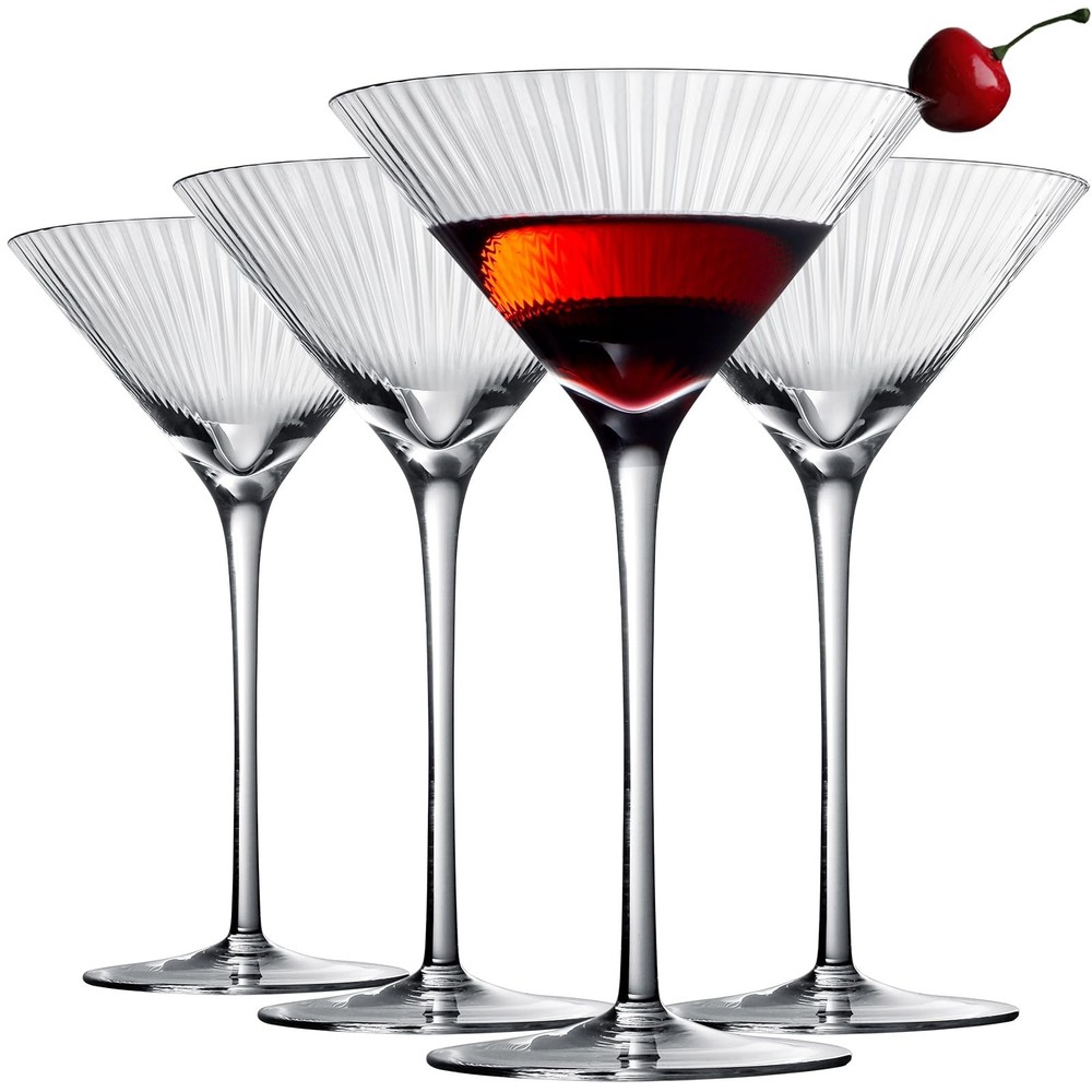 Elegant Hand-Blown Ribbed Crystal Martini Glasses Set of 4