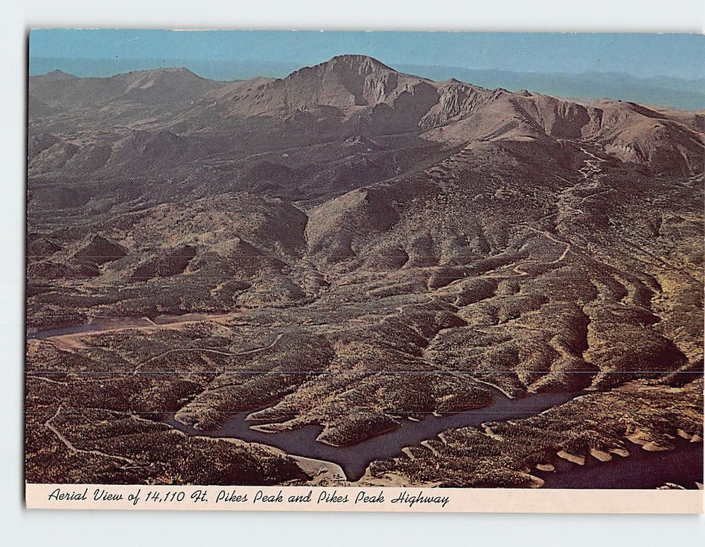 Postcard Aerial View Pikes Peak & Pikes Peak Highway Colorado USA