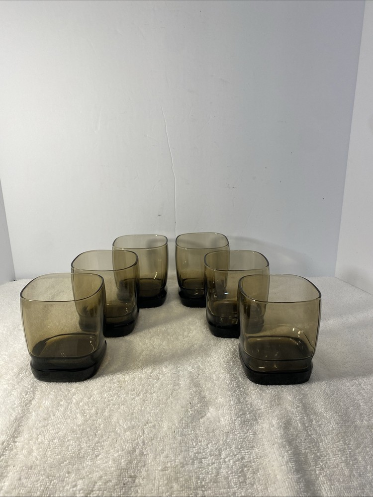 Libbey Carrington Brown Tawny Smoke Square Lowball Rocks Glasses Set of 4 3.75 Inch