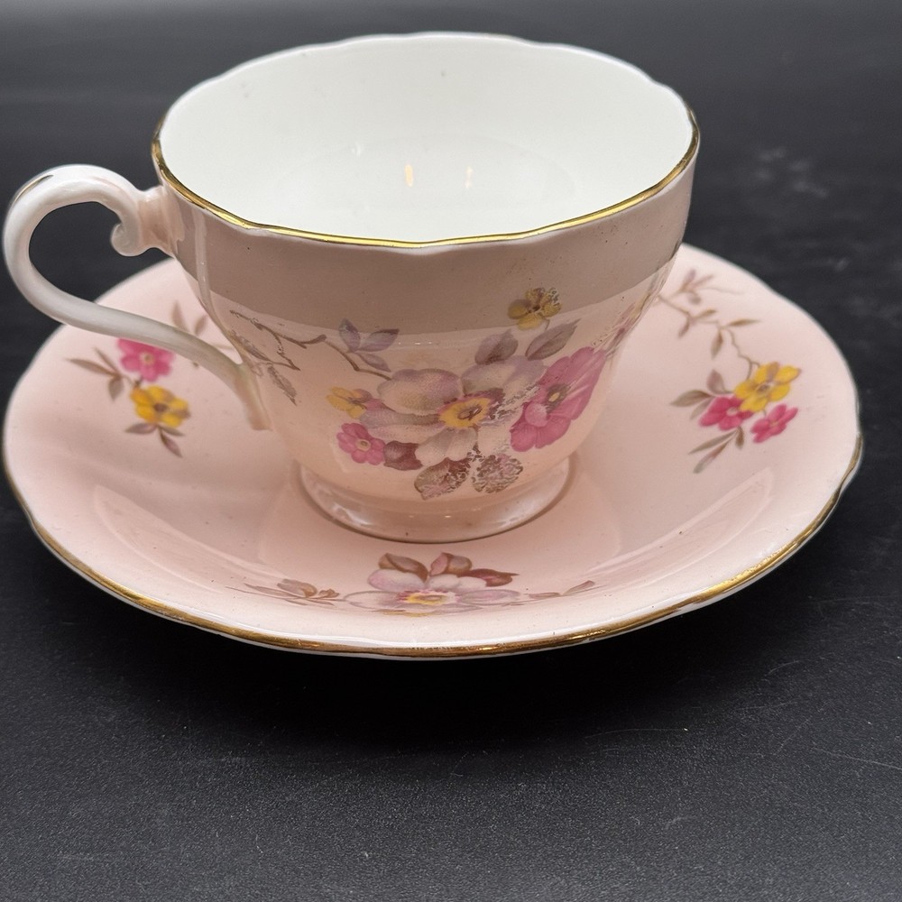Pink Aynsley Bone China Teacup and Saucer England Floral Gold Trim Vintage