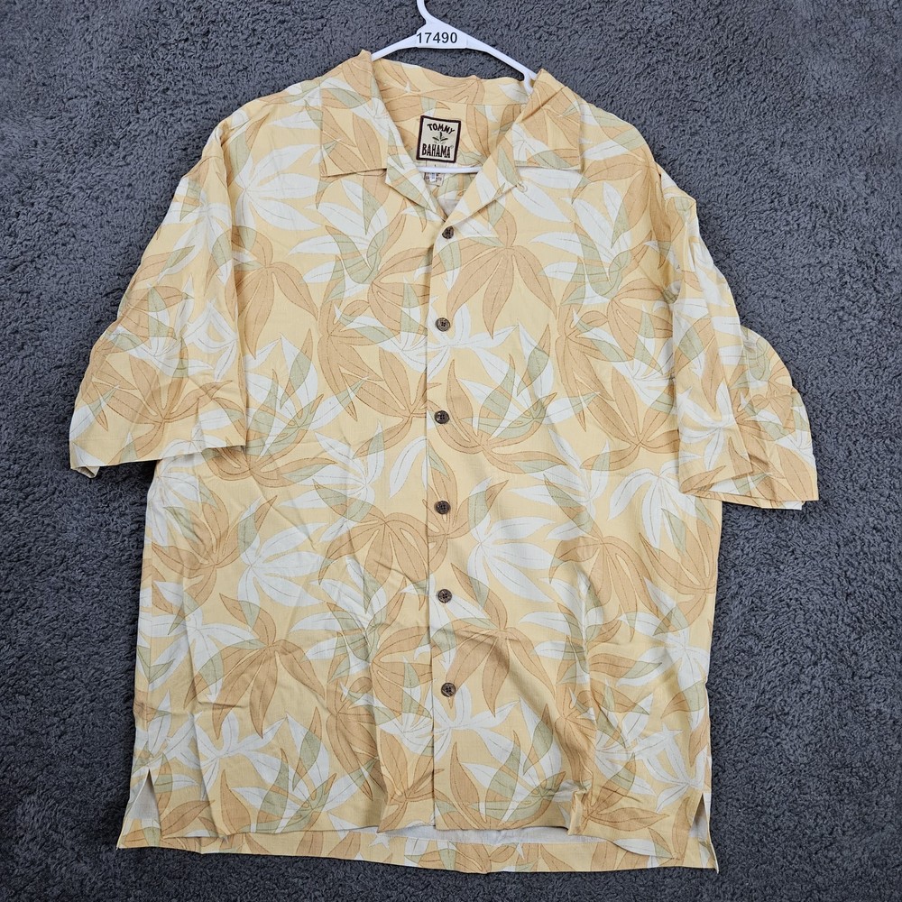 Tommy Bahama Shirt Mens L Yellow 100% Silk Floral Hawaiian Camp Flowers Yellow