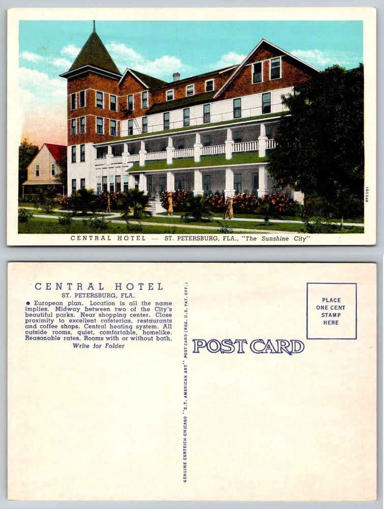 Vintage Central Hotel St. Petersburg Florida Linen Postcard The Sunshine City