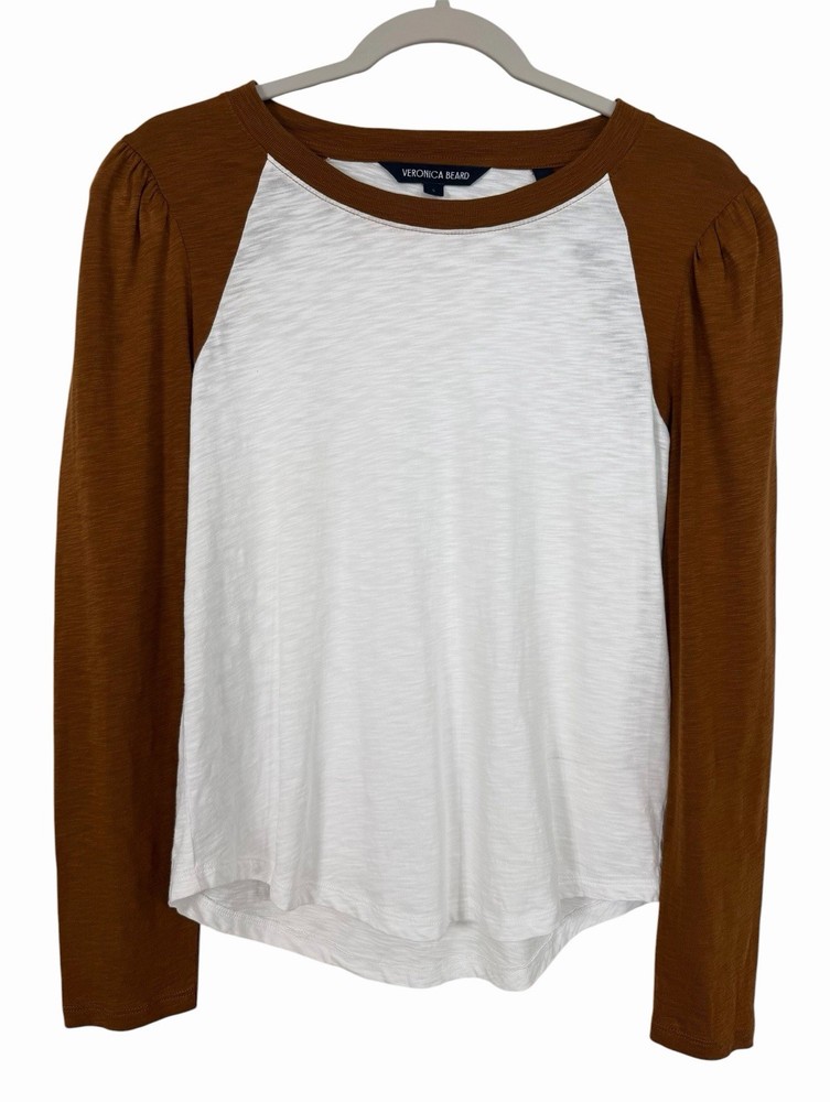 Veronica Beard Mason Colorblock Long Sleeve Baseball Tee Dark Ochre White Small