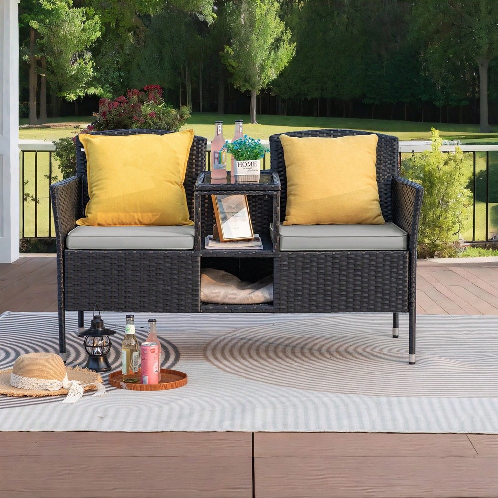 RFG Outdoor Rattan Loveseat Set with Cushions and Table - 2-Seat Patio Garden Furniture